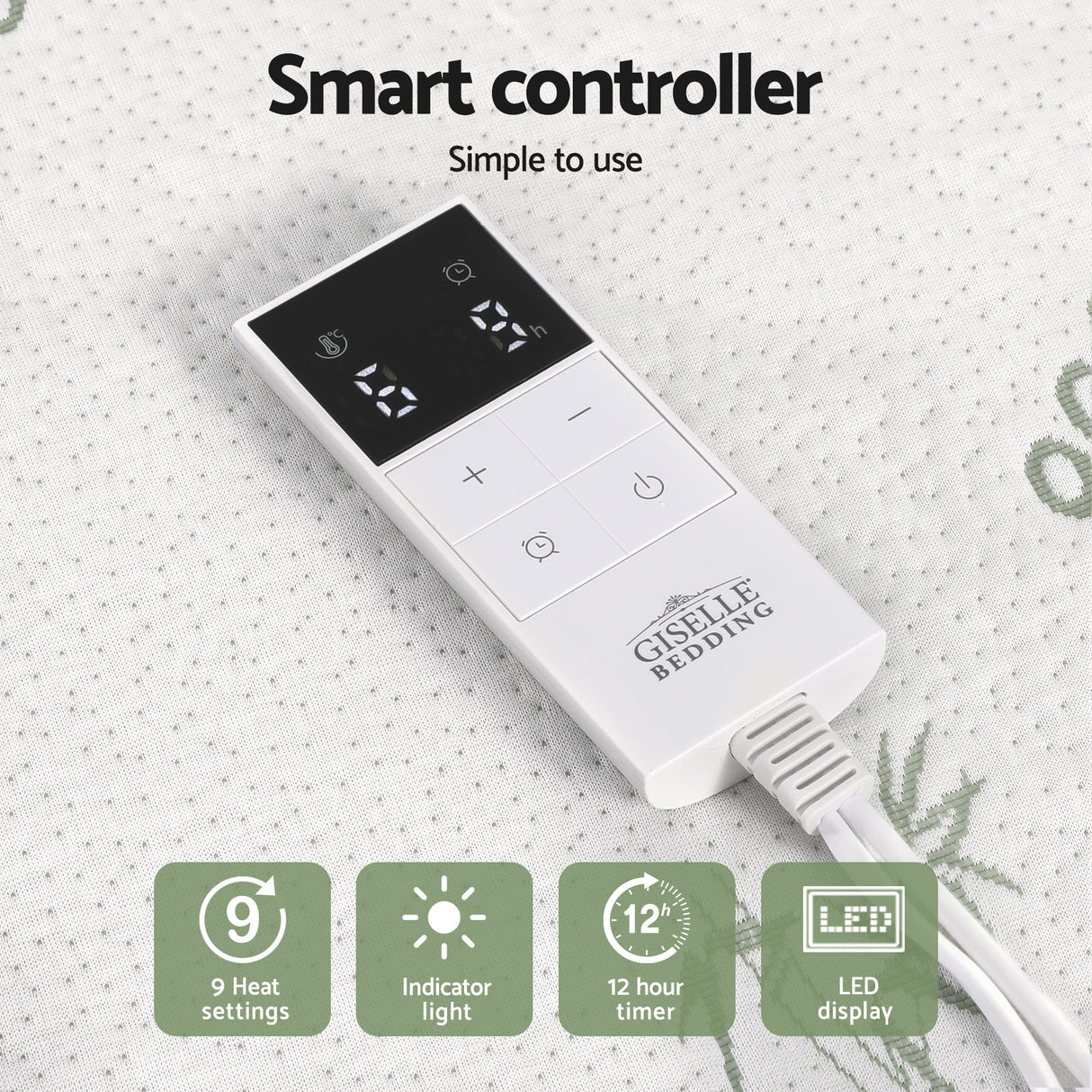 Smart controller for electric blanket with LED display, timer, and heat settings on a fabric surface