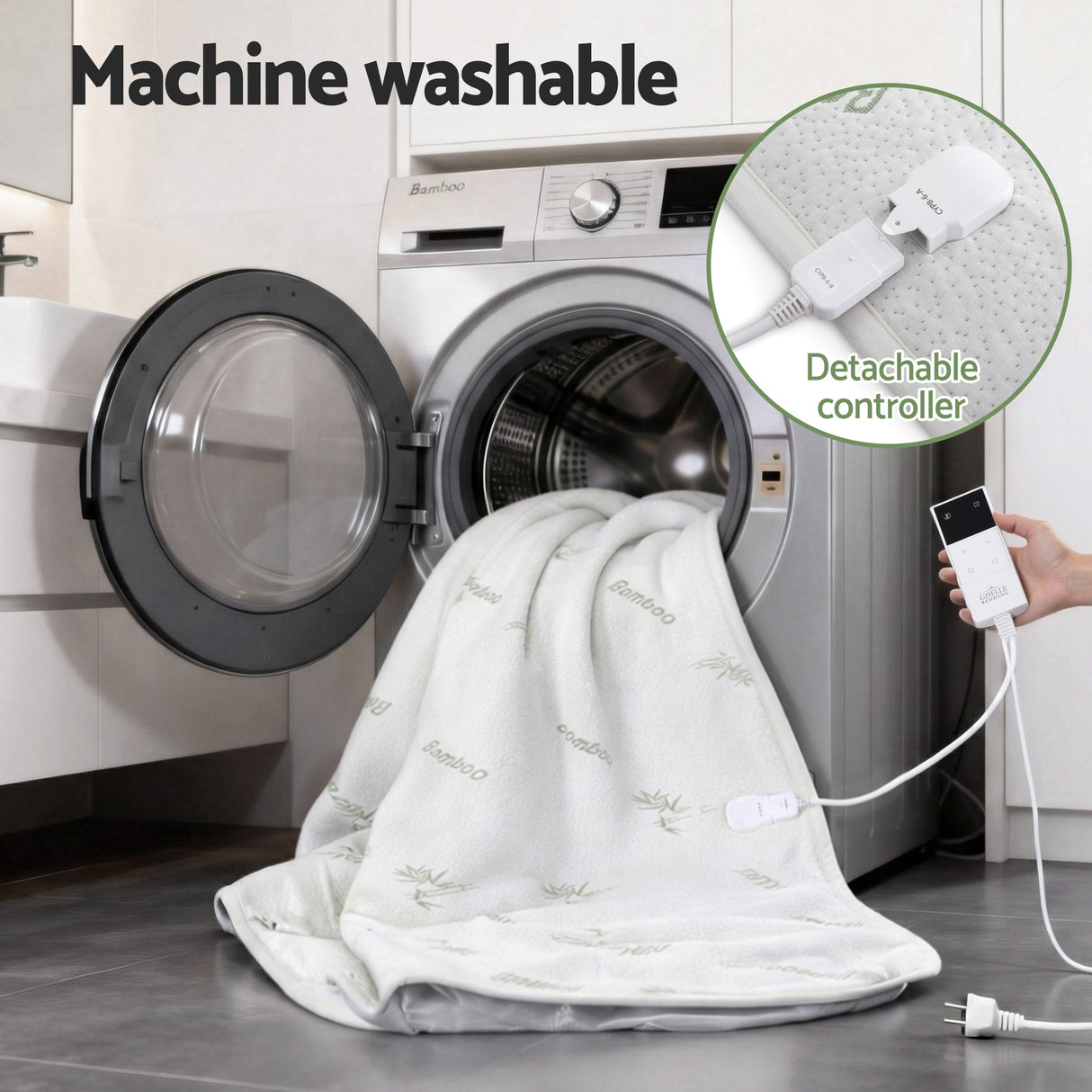 Machine washable bamboo electric blanket with detachable controller by washing machine