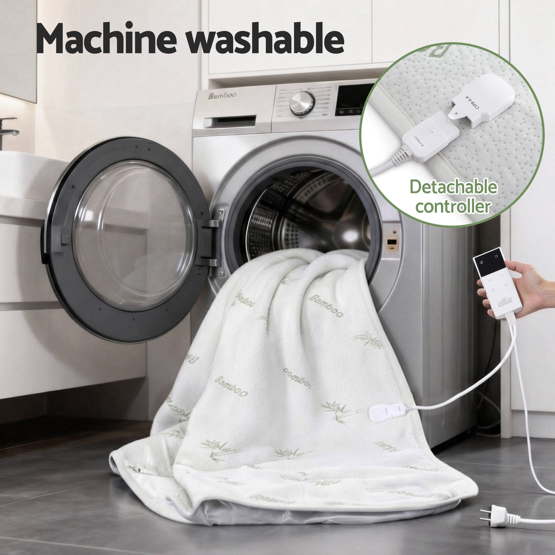 Machine washable bamboo electric blanket with detachable controller by washing machine