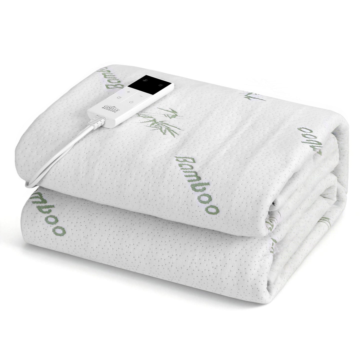 Folded bamboo electric blanket with digital controller on white background