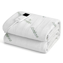 Folded bamboo electric blanket with digital controller on white background