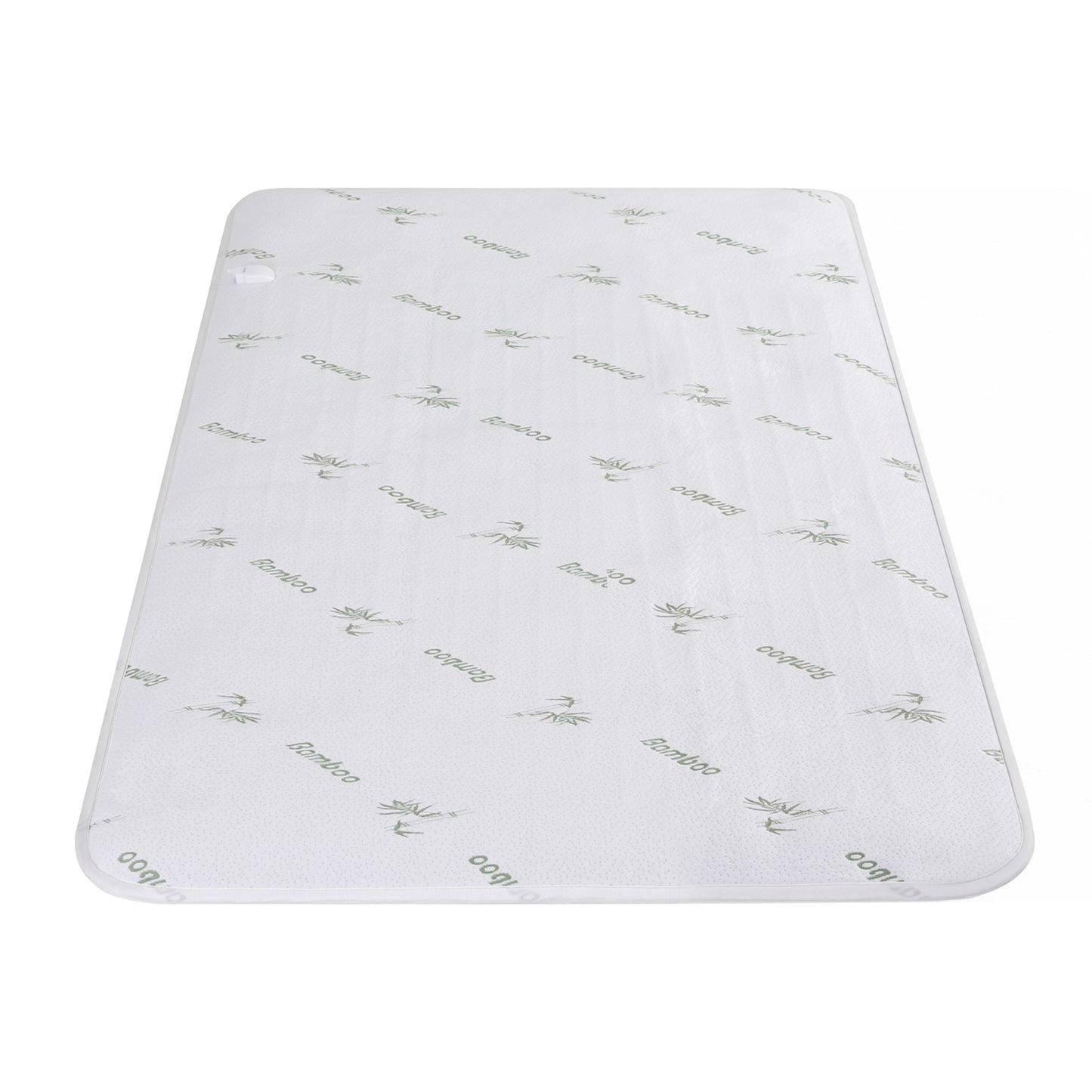 White bamboo mattress topper with green bamboo leaf print, twin size on white background