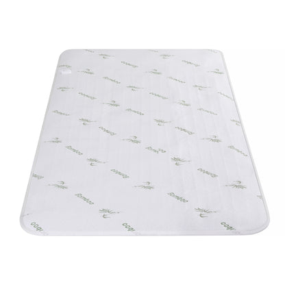 White bamboo mattress topper with green bamboo leaf print, twin size on white background