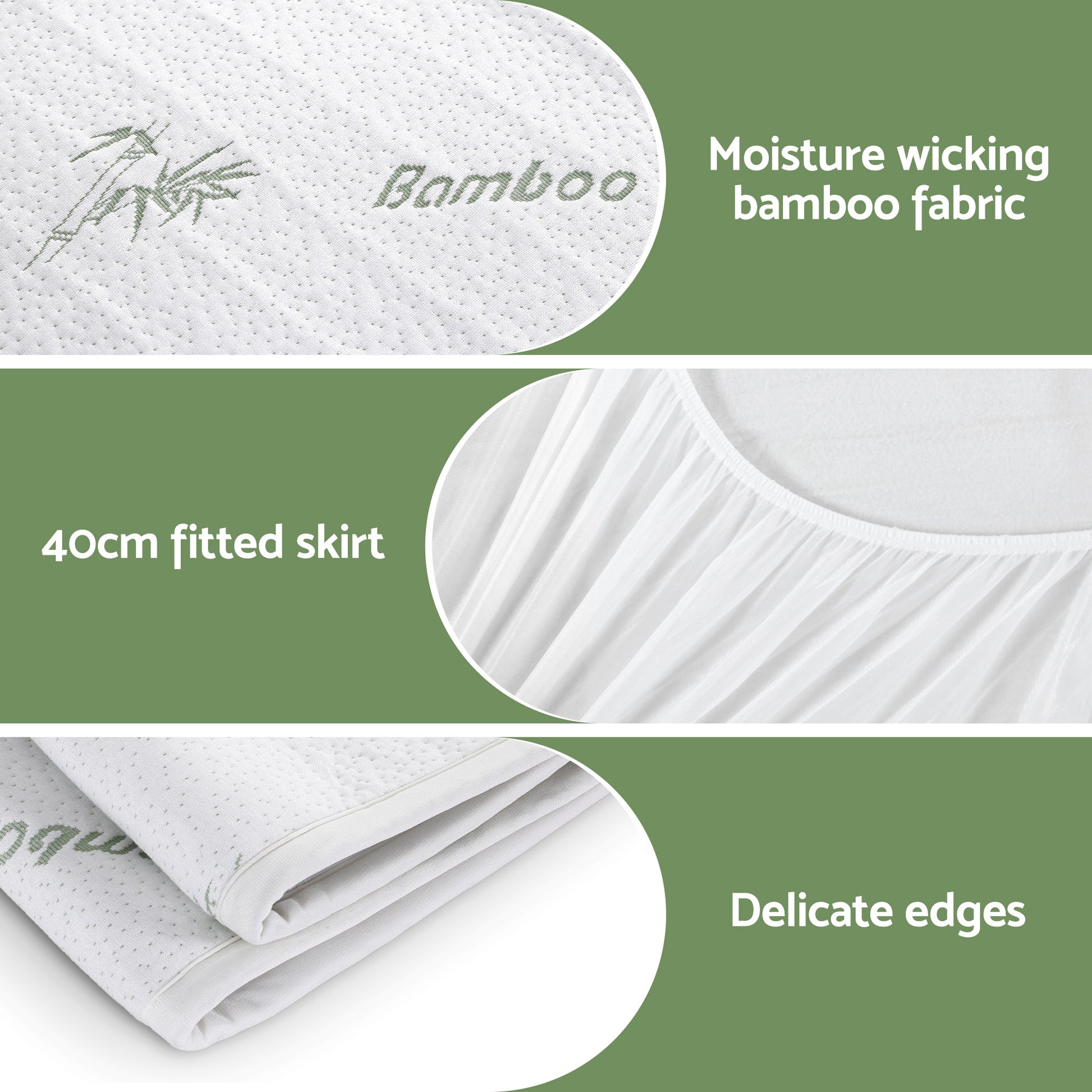 Moisture wicking bamboo mattress protector with 40cm fitted skirt and delicate edges
