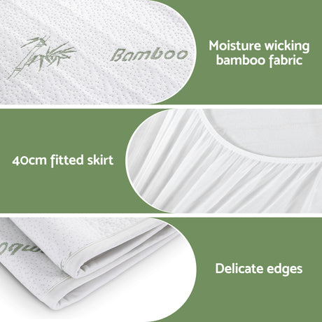 White bamboo mattress protector with moisture wicking fabric, 40cm fitted skirt, delicate edges.