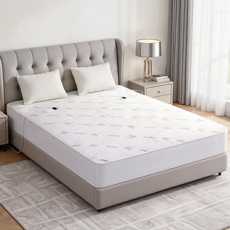 Bamboo fabric electric blanket on a modern double bed in a bright bedroom