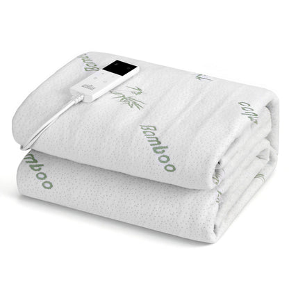 Folded bamboo electric blanket with digital controller on white background