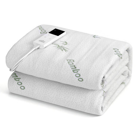 Folded bamboo electric blanket with digital controller on white background
