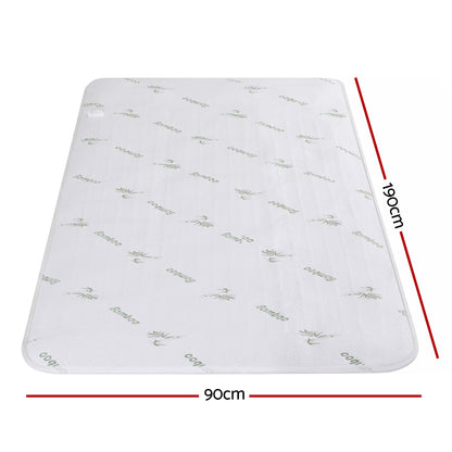 Single size bamboo mattress protector, white with green bamboo print, 90cm x 190cm.