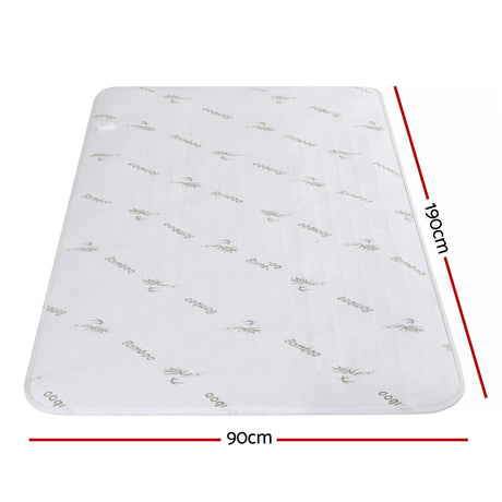 Single size bamboo mattress protector, white with green bamboo print, 90cm x 190cm.