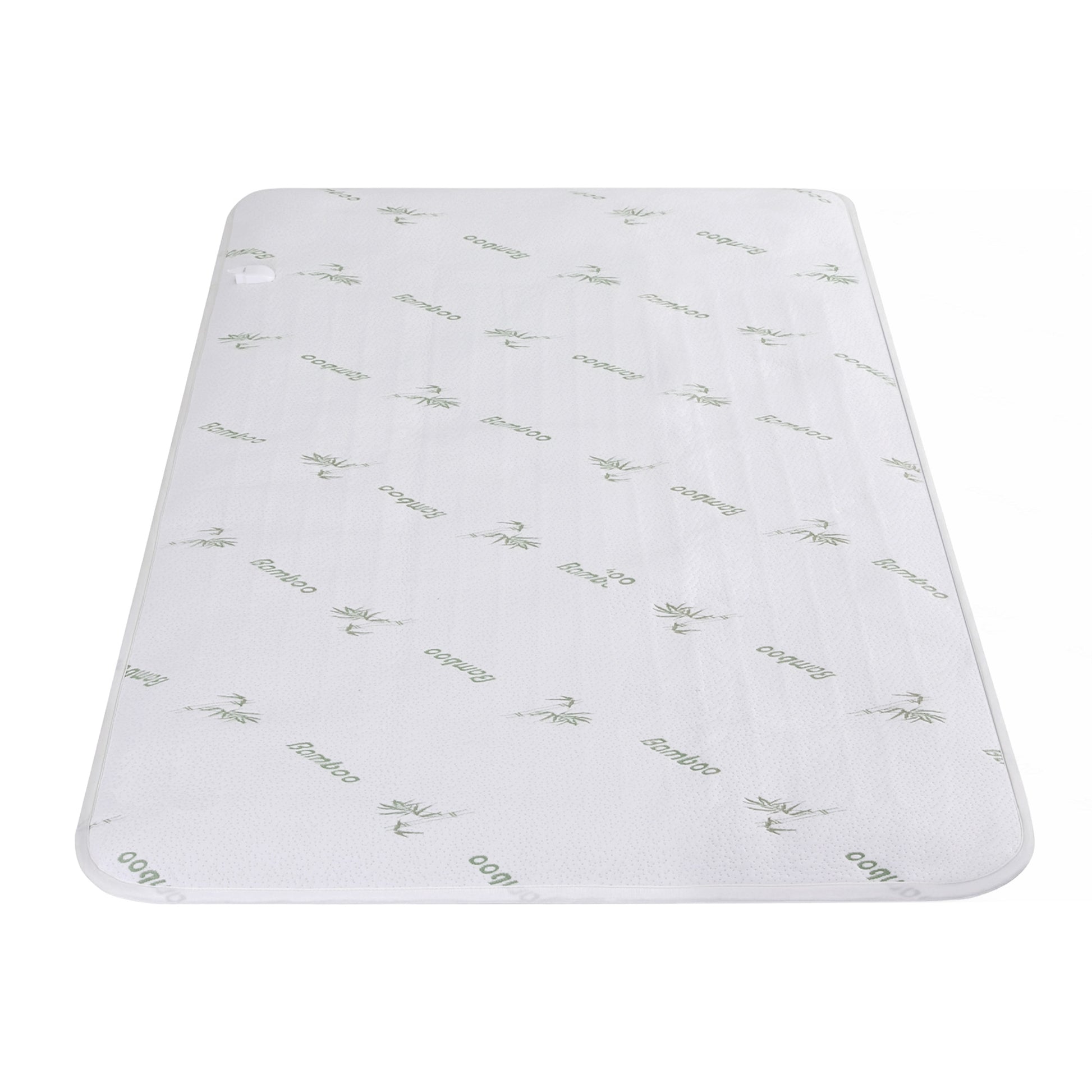 White bamboo mattress topper with green bamboo text and leaf pattern on a plain background