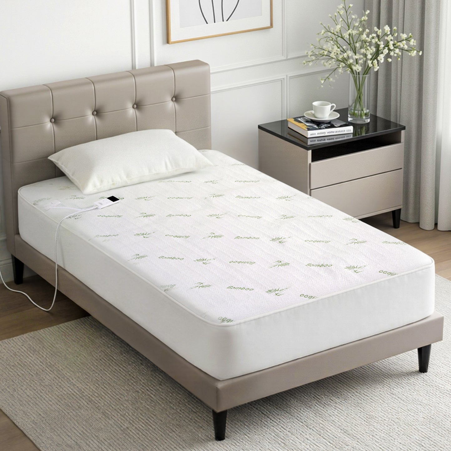 Single bed with bamboo-patterned electric heated mattress protector in modern bedroom