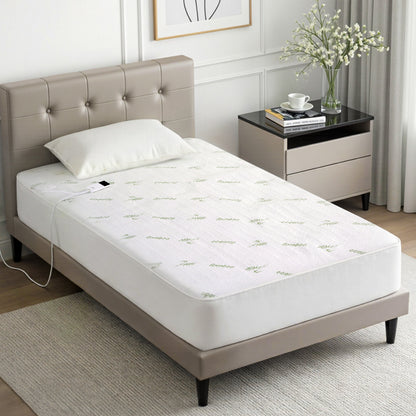 Single bed with bamboo-patterned electric heated mattress protector in modern bedroom