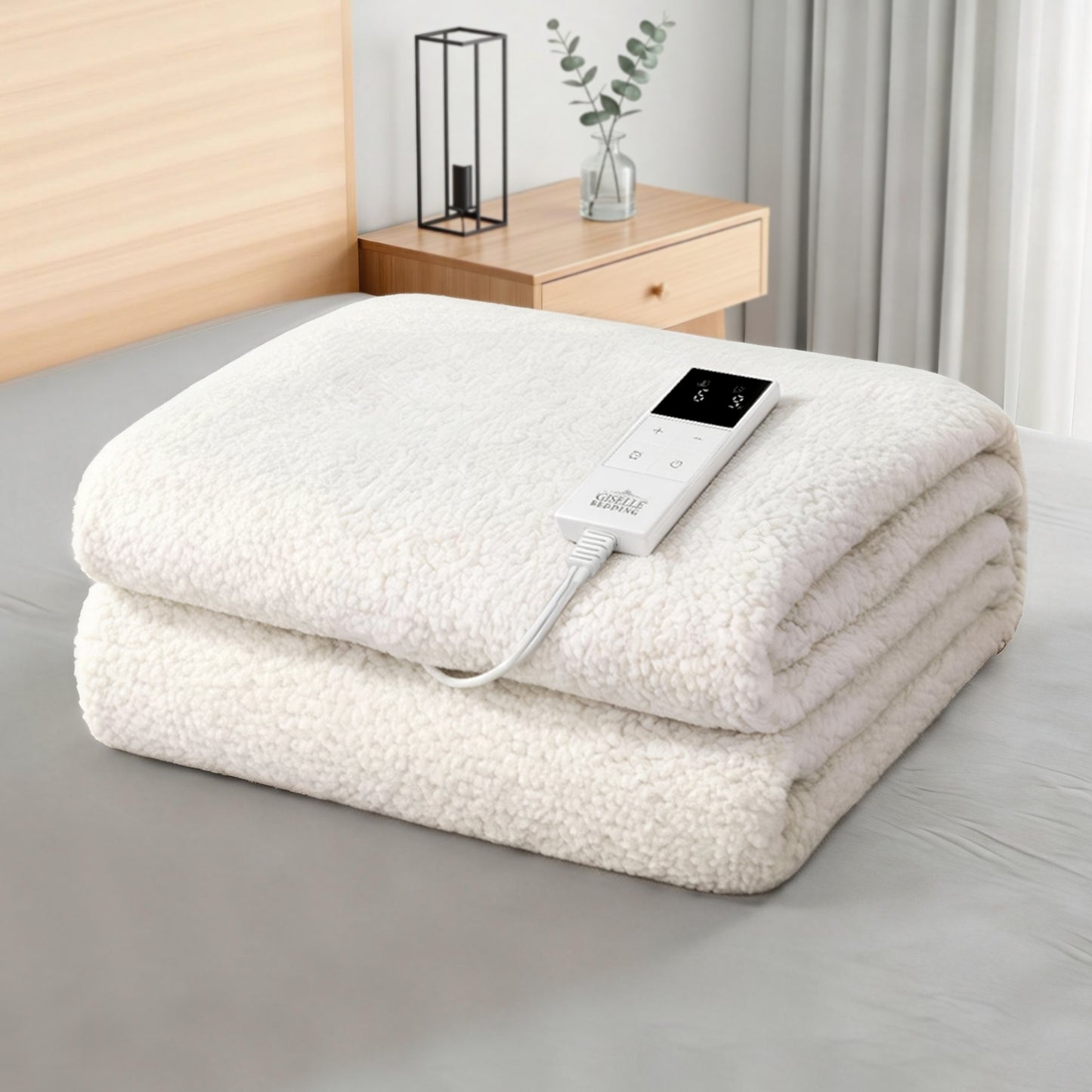 Electric heated blanket with remote control folded on bed in modern bedroom