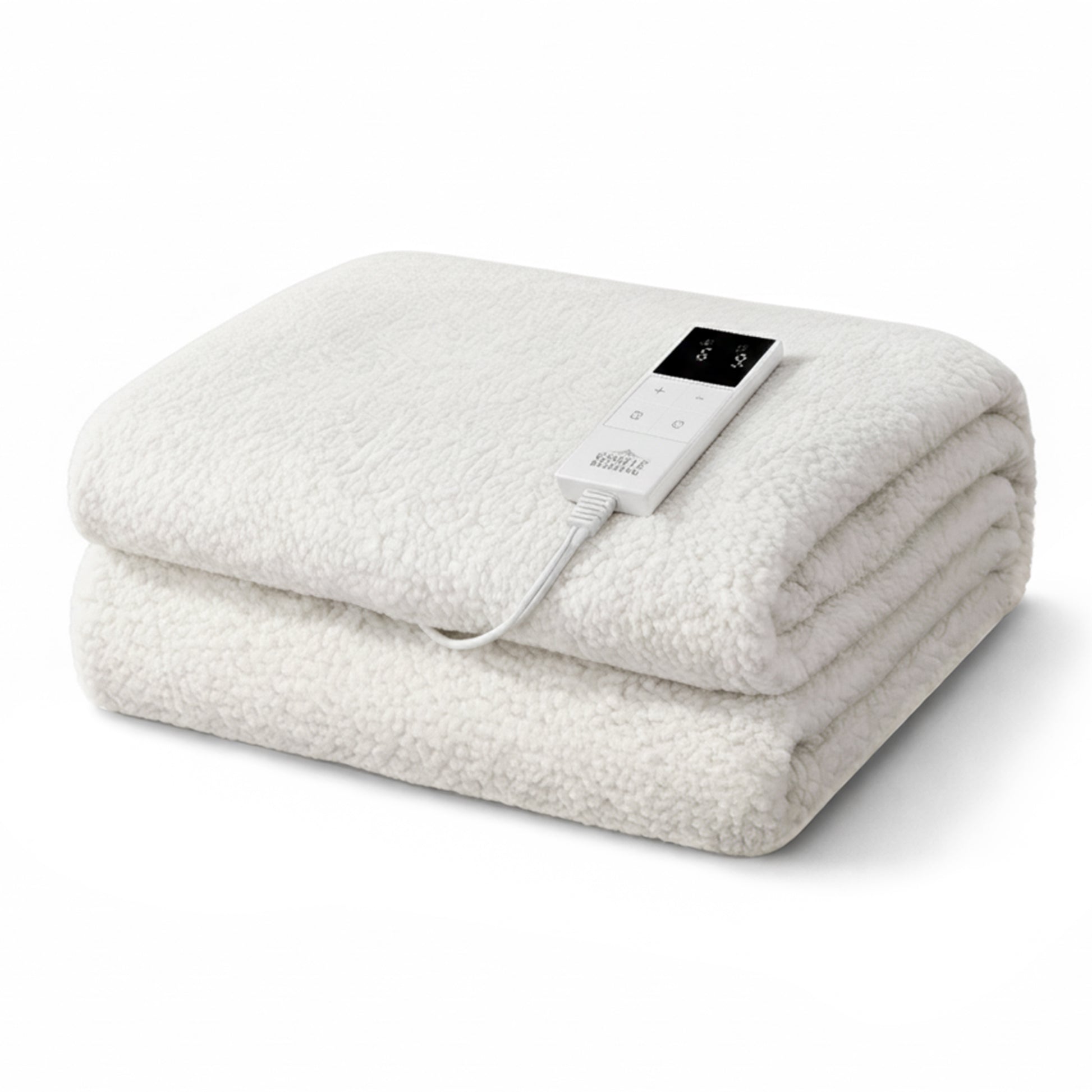 White electric heated blanket with digital control on a plain background