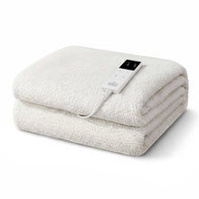 White electric heated blanket with digital control on a plain background