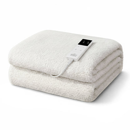 White electric heated blanket with digital control on a plain background