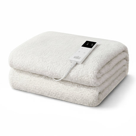 White electric heated blanket with digital control on a plain background