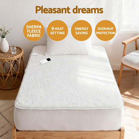 Electric blanket with digital control on a single bed, sherpa fleece, 9 heat settings