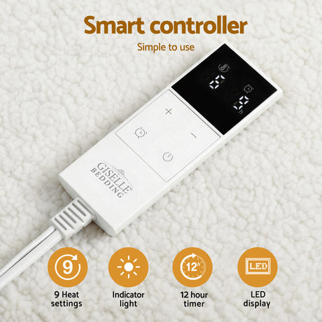 Electric blanket remote with LED display, 9 heat settings, timer, on soft fleece fabric.