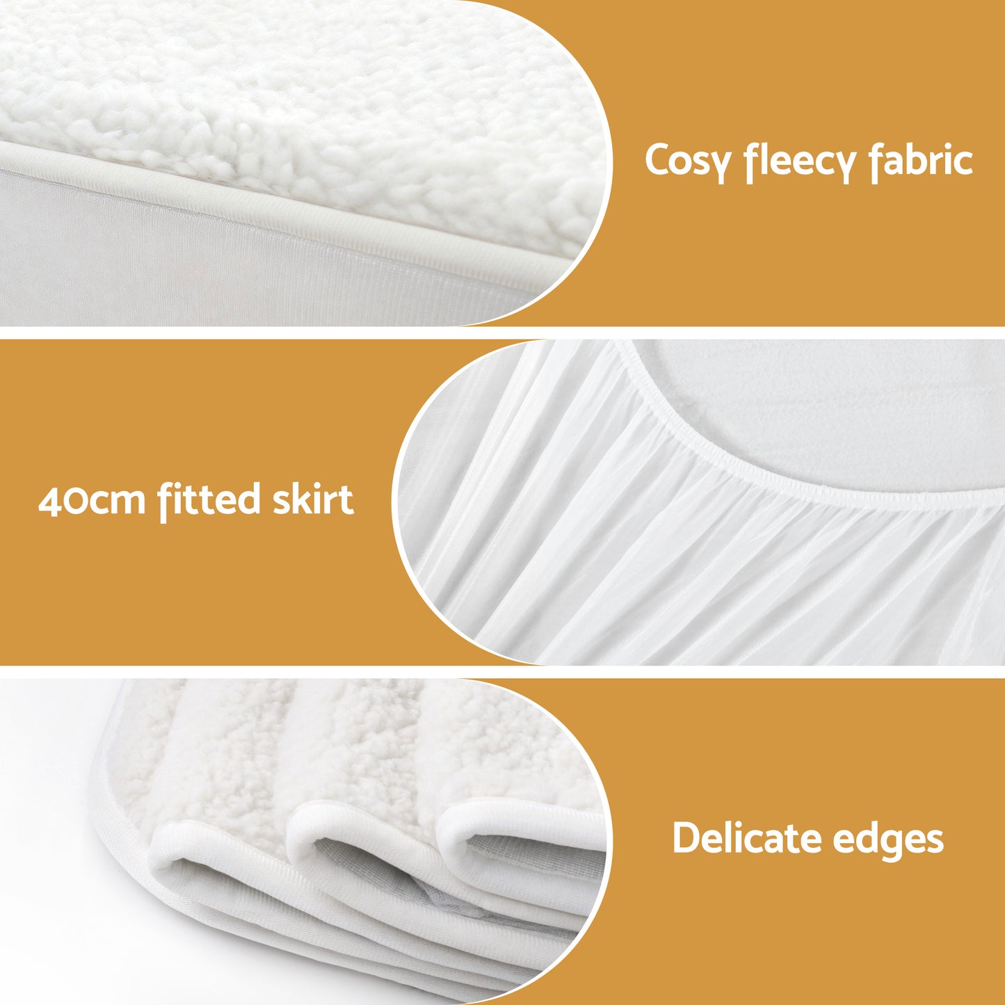 White fitted mattress protector with fleecy fabric, 40cm skirt, and delicate edges.