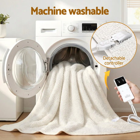 Machine washable electric heated blanket with detachable controller in front-loading washer