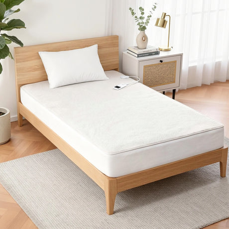 Single wooden bed with white mattress and pillow, electric blanket controller on bed