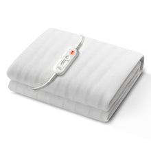 White electric blanket with attached heat control and power indicator light on white background