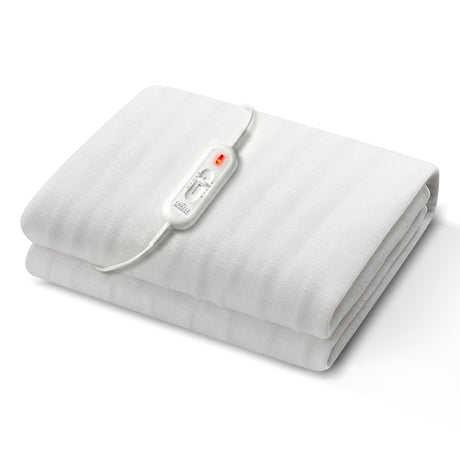 White electric blanket with attached heat control and power indicator light on white background