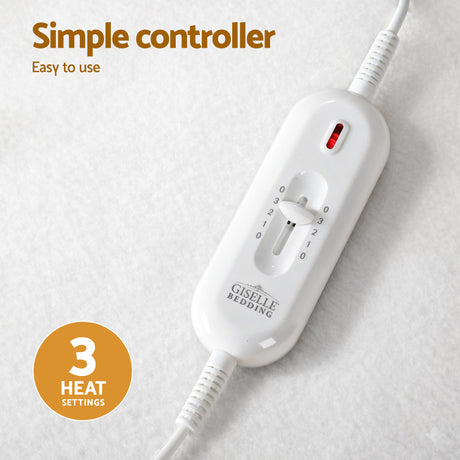 Electric blanket controller with three heat settings on white fabric background