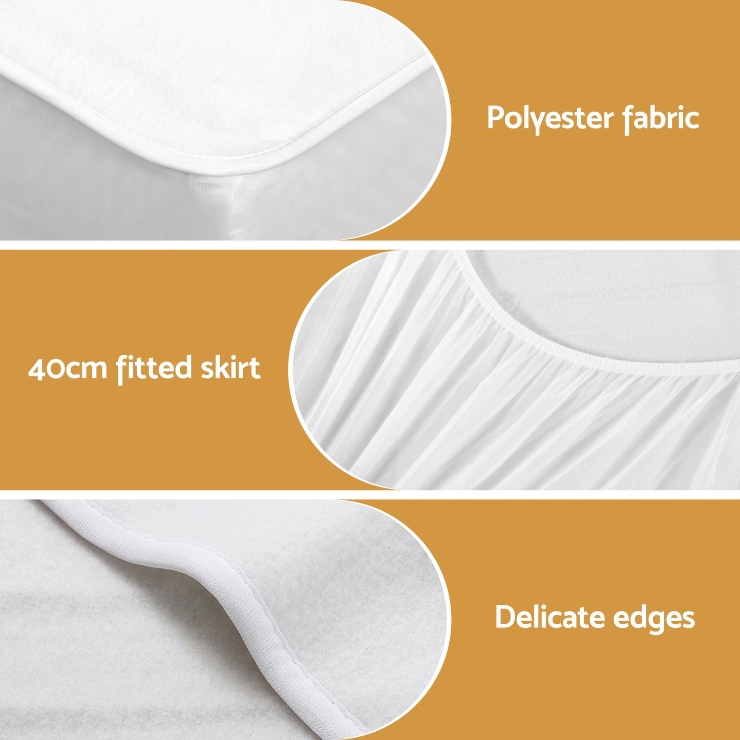 White polyester mattress cover with 40cm fitted skirt and delicate edges, close-up view