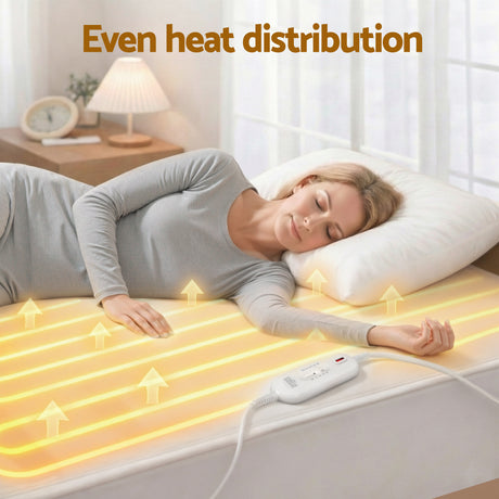 Woman sleeping on heated electric mattress cover with remote, even heat distribution shown
