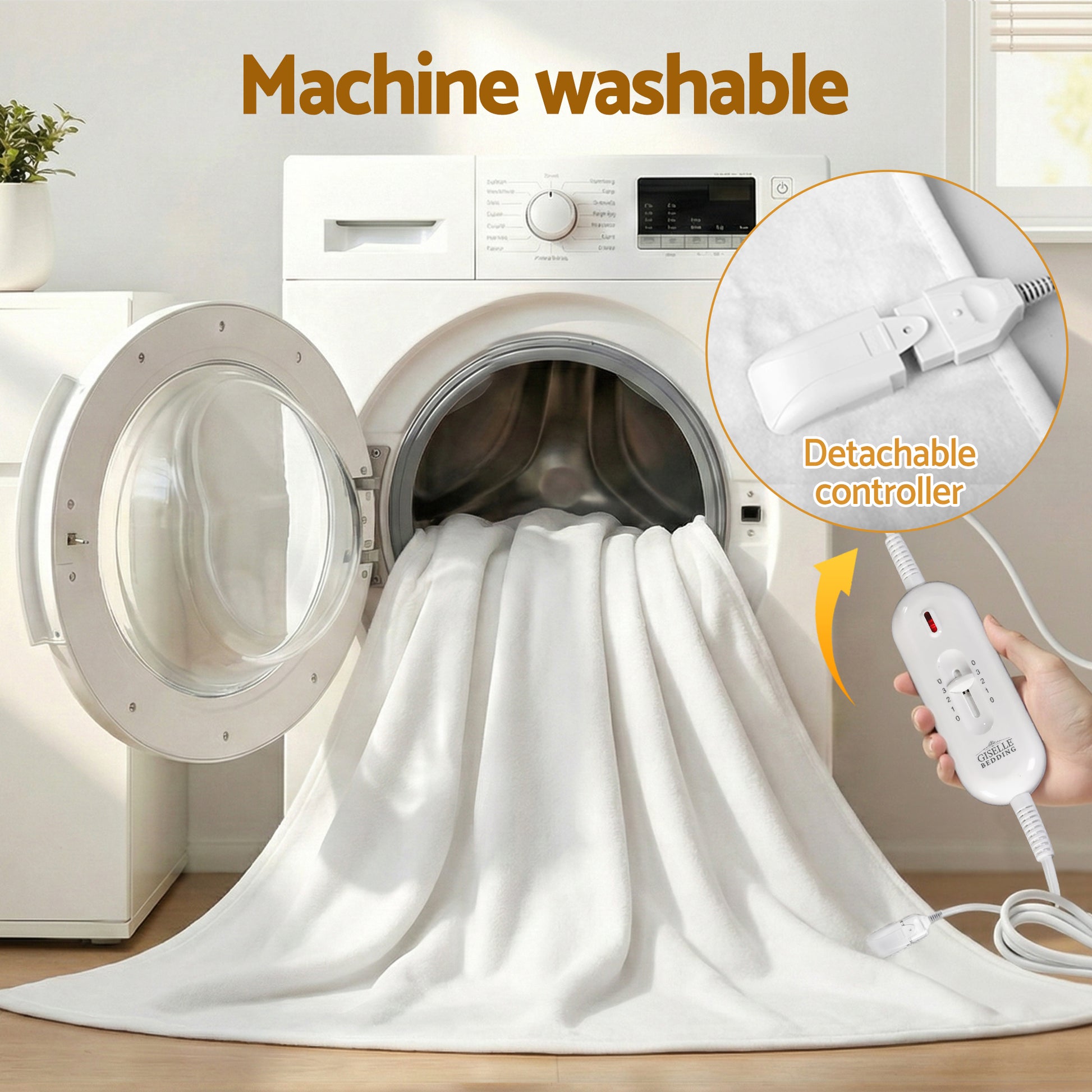 White electric blanket with detachable controller being machine washed in front load washing machine
