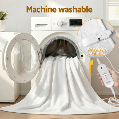 White electric blanket with detachable controller being machine washed in front load washing machine