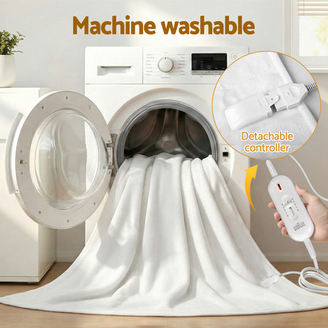 White electric blanket with detachable controller being machine washed in front load washing machine
