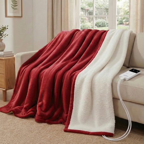 Plush red and white electric heated blanket draped over a sofa in a cozy living room