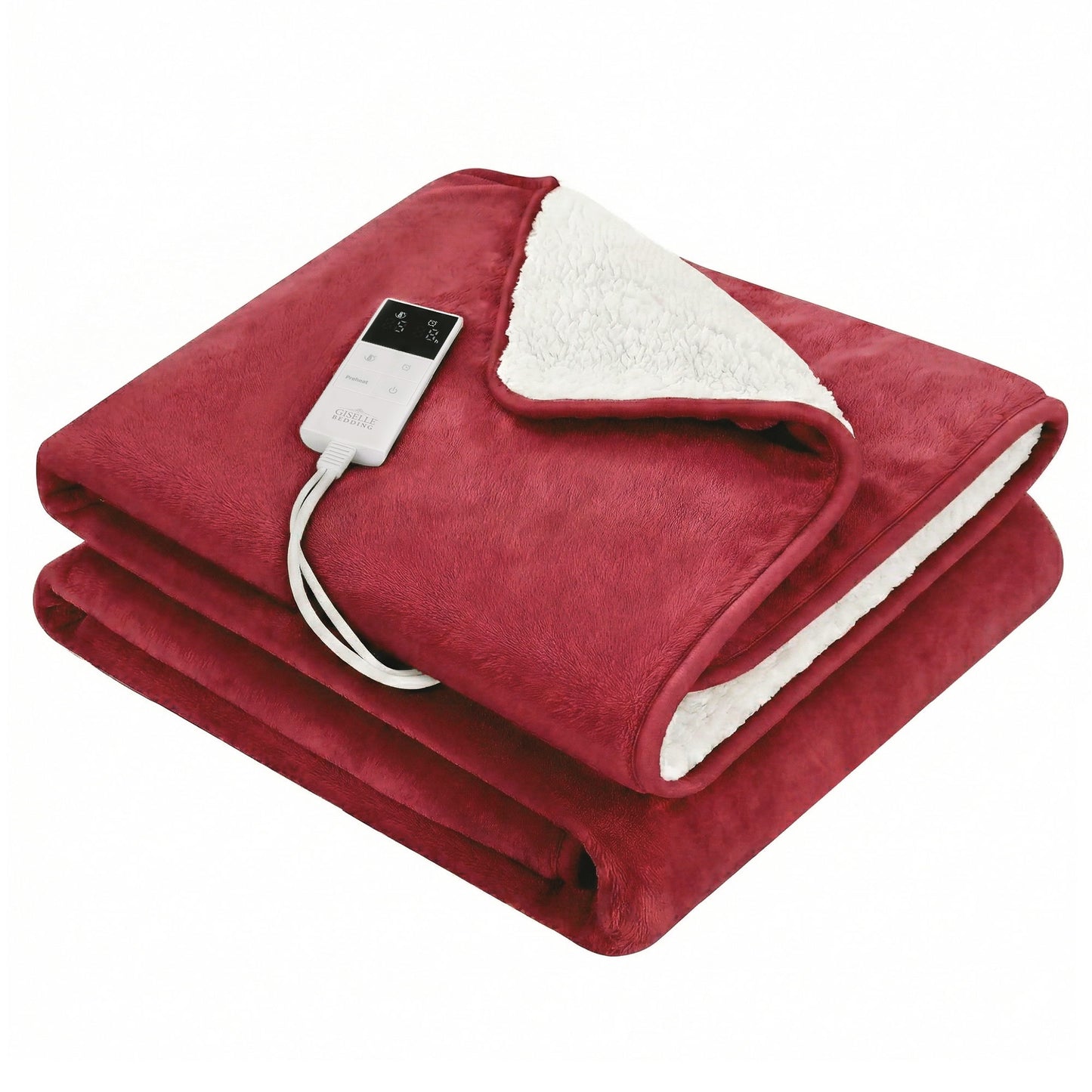 Folded red electric heated throw blanket with white sherpa lining and remote control