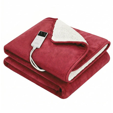 Folded red electric heated throw blanket with white sherpa lining and remote control