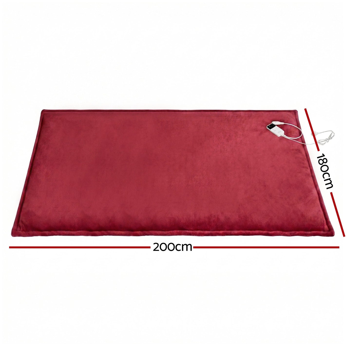 Large red electric heated blanket with controller, measuring 200cm by 180cm.