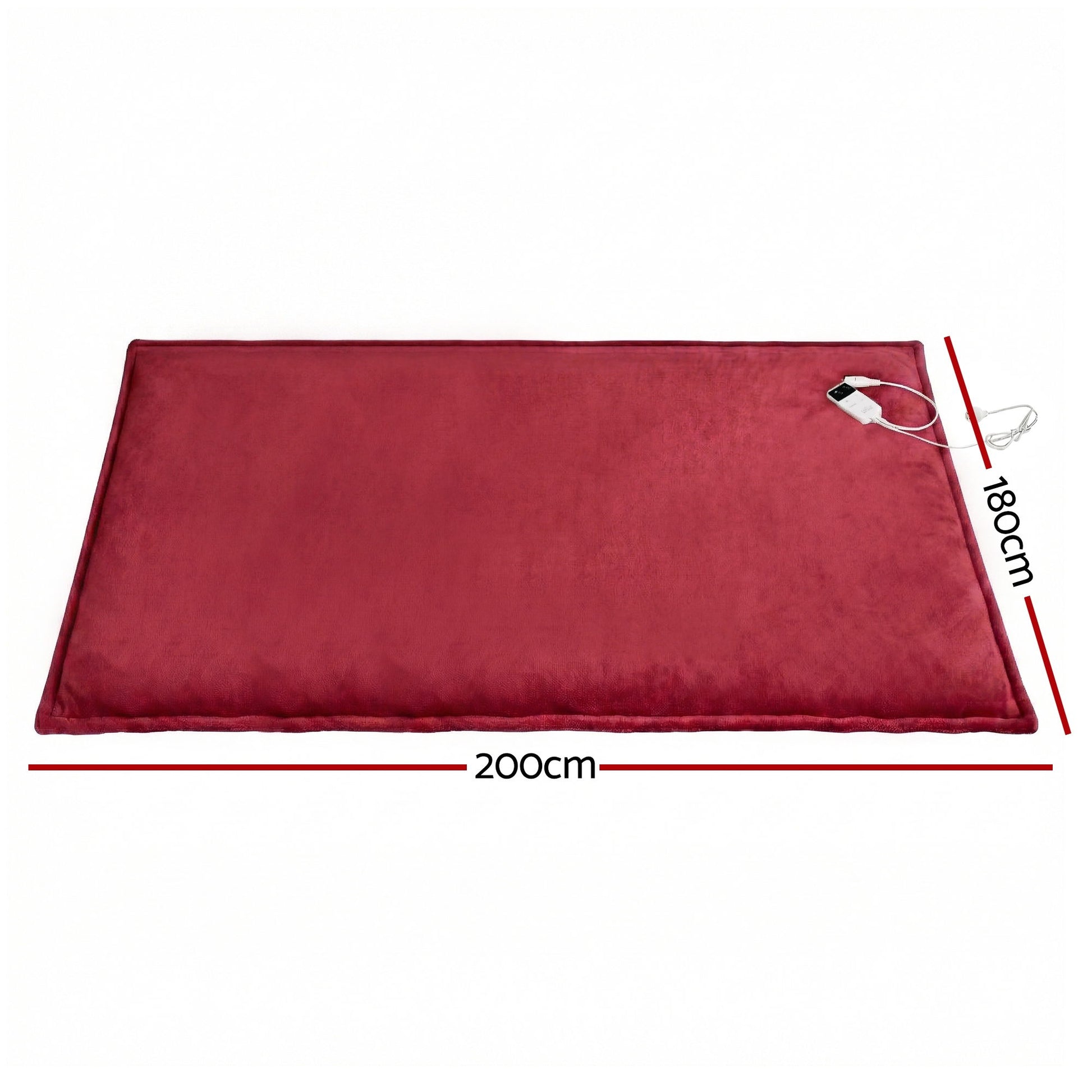 Large red electric heated blanket with controller, measuring 200cm by 180cm.