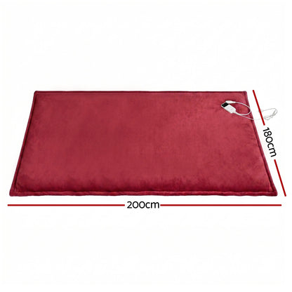 Large red electric heated blanket with controller, measuring 200cm by 180cm.