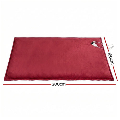 Large red electric heated blanket with controller, measuring 200cm by 180cm.