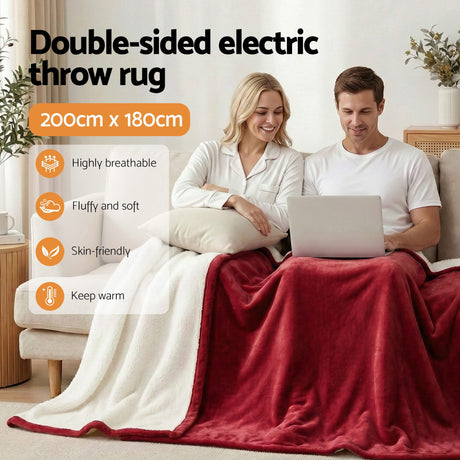 Double-sided electric throw rug 200x180cm, red and white, on sofa with couple, features shown
