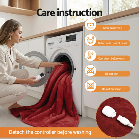 Woman placing red electric throw blanket with detachable controller in washing machine, care instructions shown.