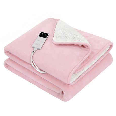 Folded pink electric heated throw blanket with white sherpa lining and digital controller