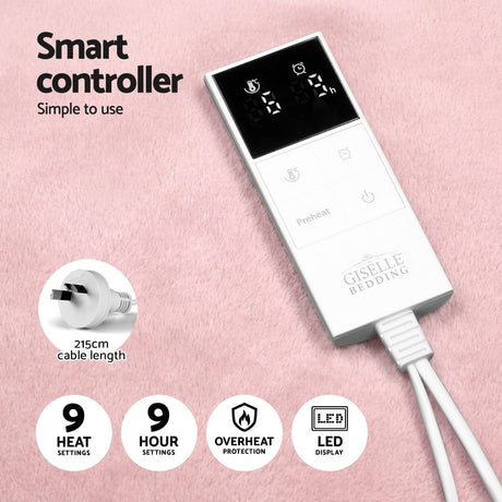 Electric blanket controller with LED display on pink fabric, showing heat and timer icons.