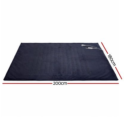 Large dark grey heated throw rug with controller, 200cm x 180cm, on white background