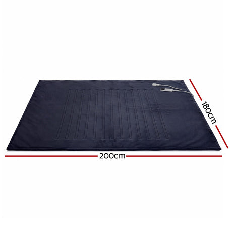 Large dark grey heated throw rug with controller, 200cm x 180cm, on white background