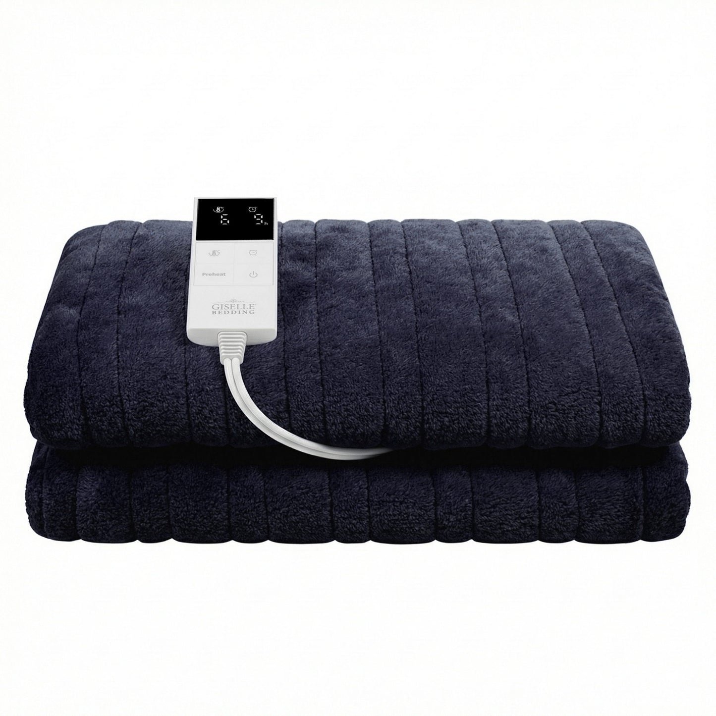 Soft black electric heating throw rug with digital controller on a white background