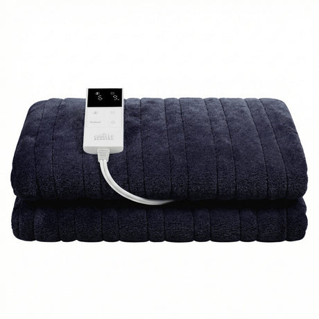 Soft black electric heating throw rug with digital controller on a white background